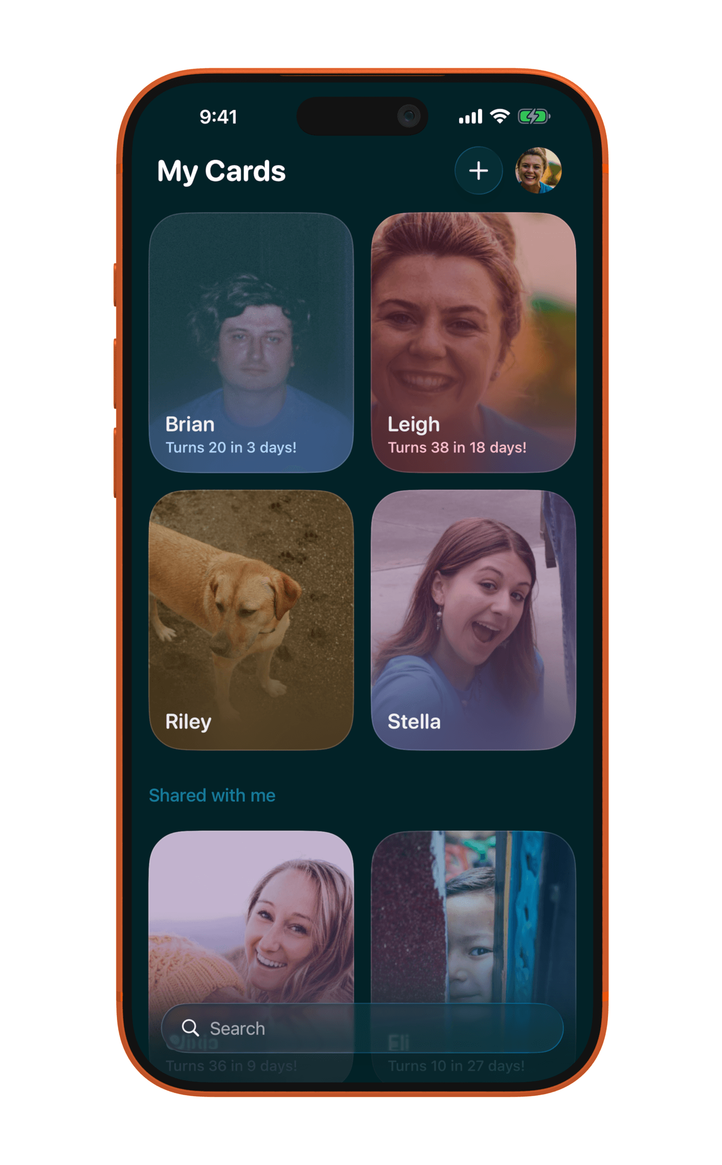 Jotkin’s My Cards screen, with a card for each person