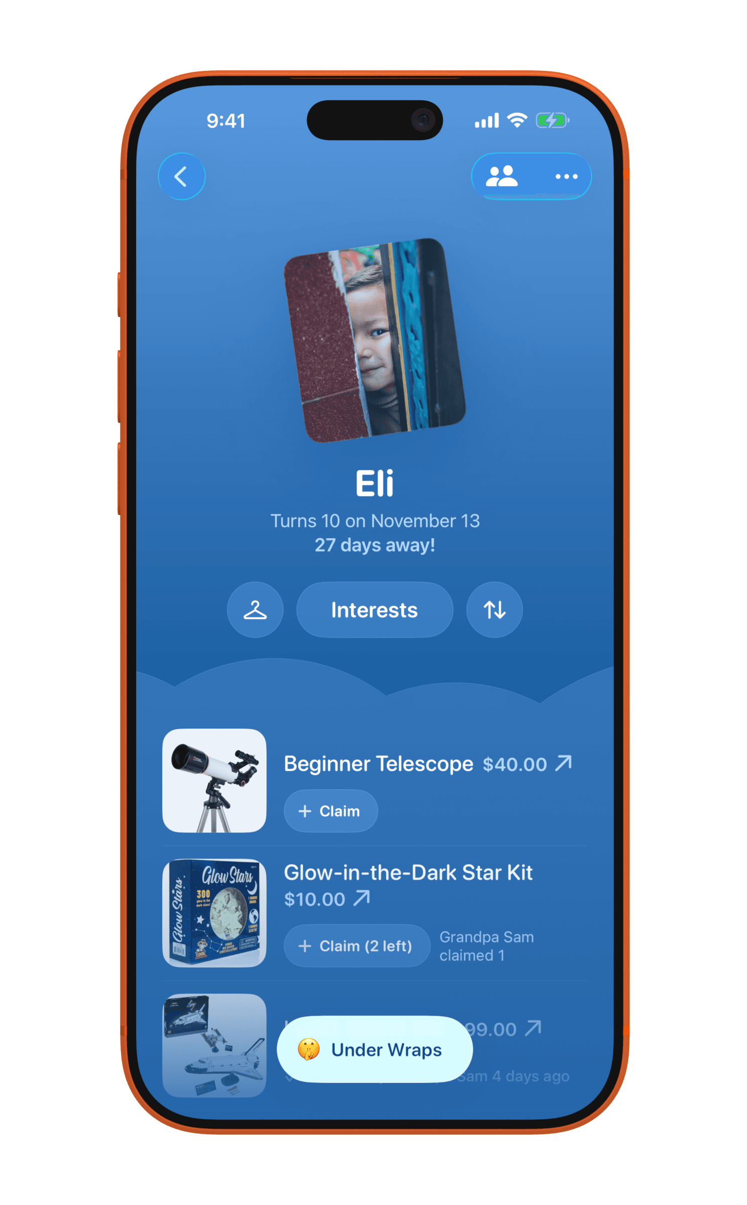 Eli’s card, with his wishlist and what’s already claimed